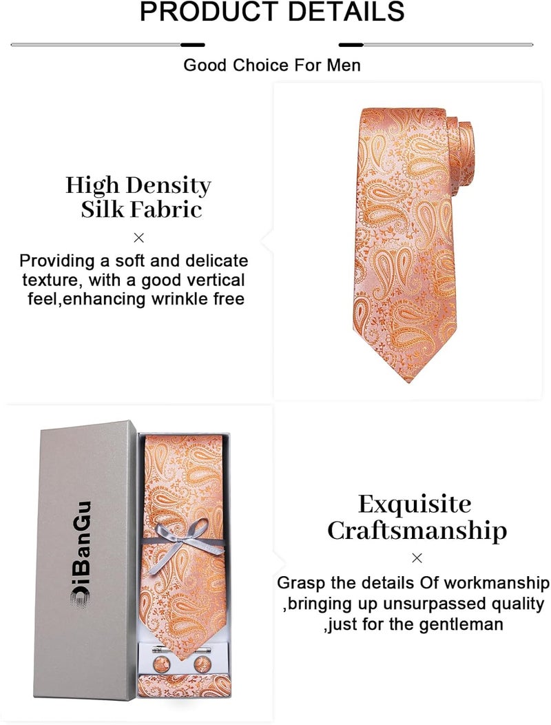 DiBanGu Paisley Ties for Men Silk Necktie and Pocket Square Cufflinks Tie Clip Set Woven Classic Mens Tie for Wedding Party - Image 5
